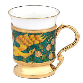 Exklusive Porzellan Kaffeetasse mit Silber-Emaille-Halter Feuervogel Motiv Gold Grün Gelb.