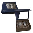 Teeservice 925 Silber Niello 4-teilig — blaue Geschenkbox geöffnet mit Becher und Teile auf Satin