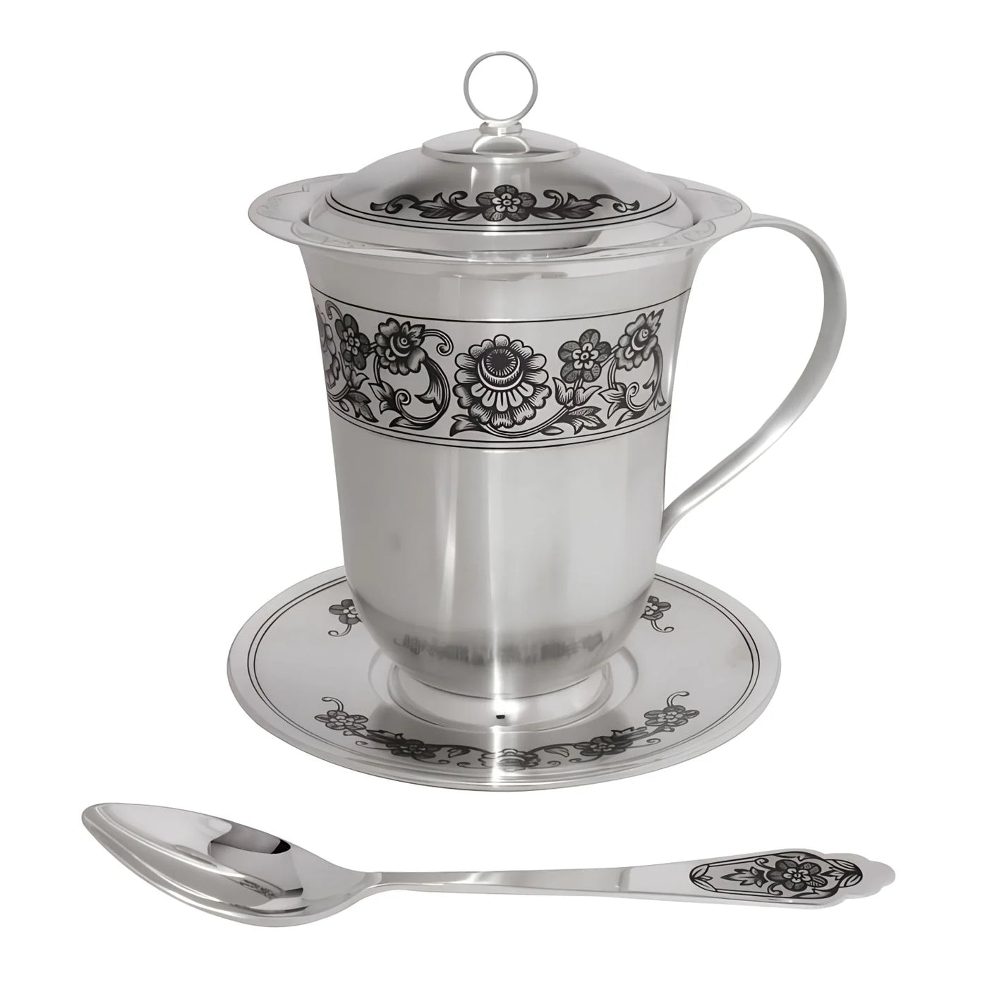 Teeservice 925 Silber Niello — Becher mit Deckel, Untersetzer und Teelöffel mit Blütenornament