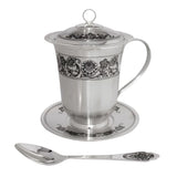 Teeservice 925 Silber Niello — Becher mit Deckel, Untersetzer und Teelöffel mit Blütenornament