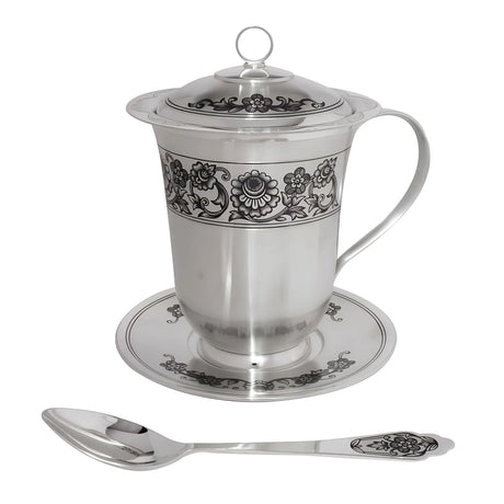 Teeservice 925 Silber Niello — Becher mit Deckel, Untersetzer und Teelöffel mit Blütenornament