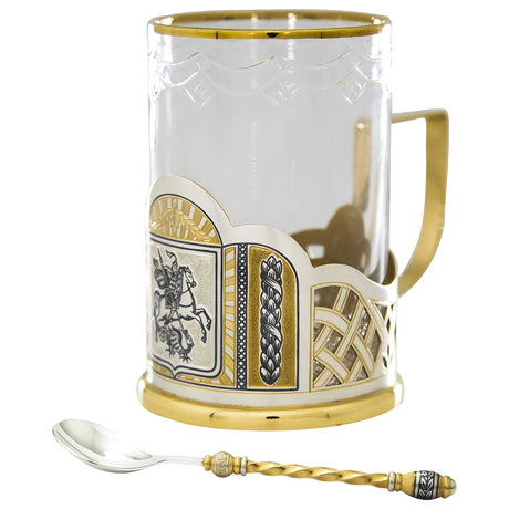 Teeglas aus Kristallglas & Becherhalter mit Silberlöffel im Set aus 925 Silber vergoldet mit Niello-Verzierung Sieger Motiv