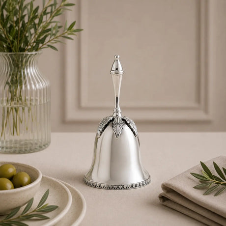Tischglocke aus 925 Silber mit Blattmotiv als elegantes Accessoire für gehobene Tafelkultur, Empfang und stilvolle Wohnräume