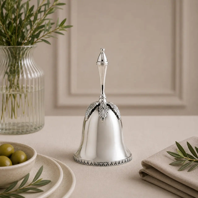Tischglocke aus 925 Silber mit Blattmotiv als elegantes Accessoire für gehobene Tafelkultur, Empfang und stilvolle Wohnräume