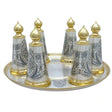 Schnapsbecher-Set 925 Silber Zwiebel-Kuppeln — sechs Becher mit vergoldeten Deckeln und Niello-Ornament auf Tablett