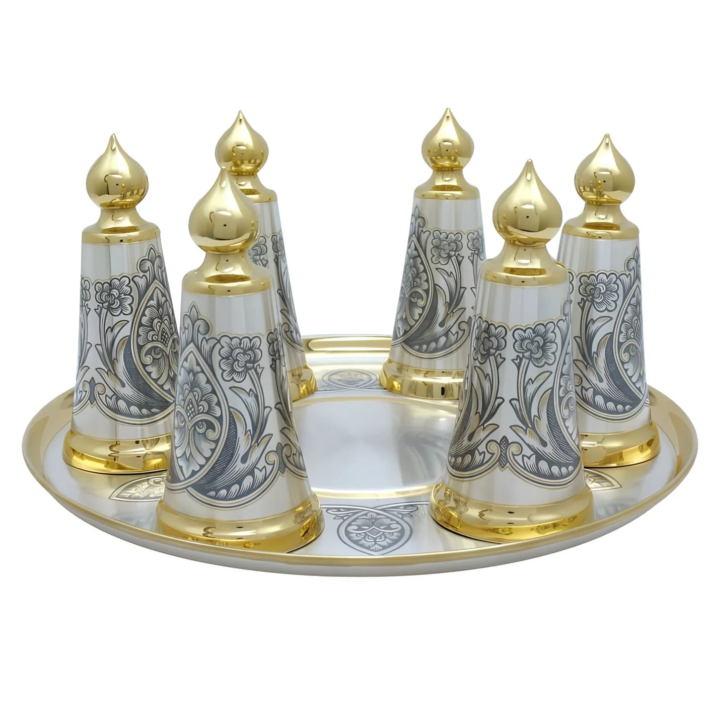 Schnapsbecher-Set 925 Silber Zwiebel-Kuppeln — sechs Becher mit vergoldeten Deckeln und Niello-Ornament auf Tablett