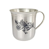 Kindertasse 925 Silber Niello Sommergarten — Silberbecher mit Henkel und dunklem Motiv aus Vogel und Blüten