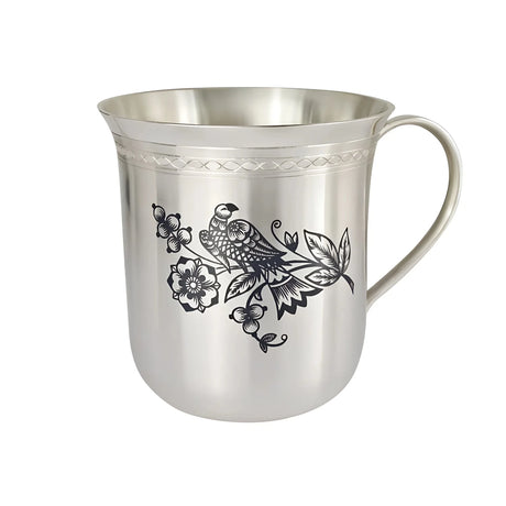 Kindertasse 925 Silber Niello Sommergarten — Silberbecher mit Henkel und dunklem Motiv aus Vogel und Blüten