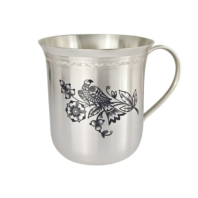 Kindertasse 925 Silber Niello Sommergarten — Silberbecher mit Henkel und dunklem Motiv aus Vogel und Blüten