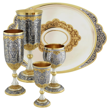 Luxus Trinkset aus 925 Silber mit Niello & Vergoldung – 4 Kelche & Tablett als exklusives Kunsthandwerk.