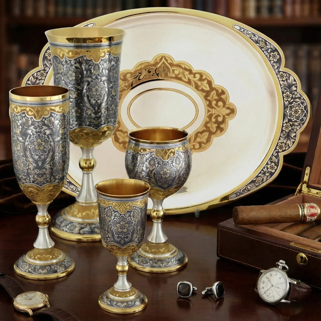 Trinkgläser Set 925 Silber Zaren Fest mit vergoldetem Silbertablett, Niello-Handgravur und Stielgläsern in luxuriöser Bar-Inszenierung.