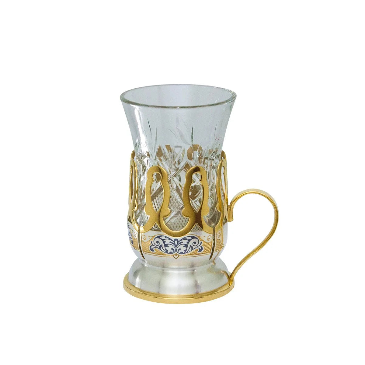 Orientalisches Teeglas aus Kristallglas im Halter aus 925 Silber mit Niello & Goldverzierung.