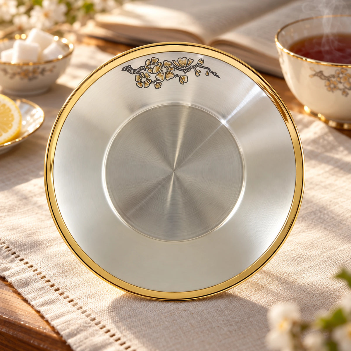 Untertasse 925 Silber vergoldet SAKURA — Lifestyle-Setting am Teetisch