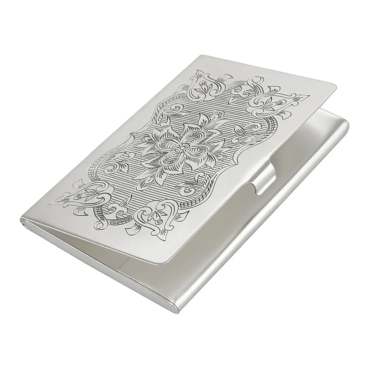 Visitenkartenetui Argento 925 Silber Mstera — gravierte Empire-/Rocaille-Komposition Ton-in-Ton mit zentraler Blütenrosette und guillochiertem Hintergrund, hochglanzpoliert, ohne Vergoldung