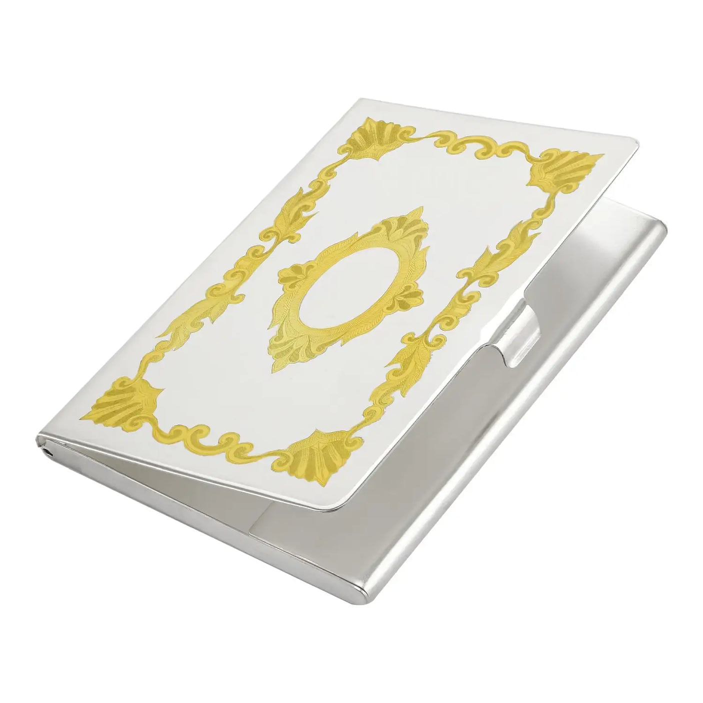 Visitenkartenetui Aurea 925 Silber mit Vergoldung — Mstera-Manufaktur, Empire-Bordüre mit Akanthus-Ornament und ovales Kartuschen-Medaillon für Gravur, hochglanzpoliert mit Gold-Einlage