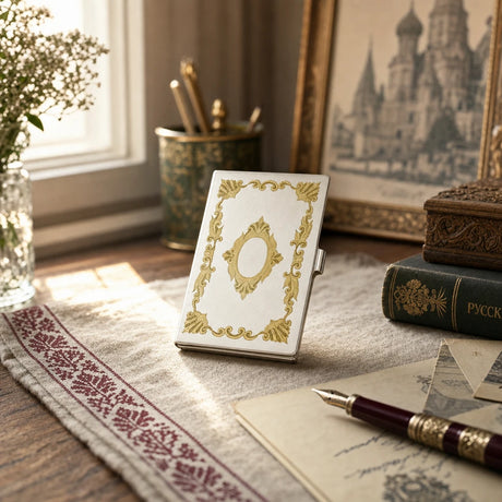 Visitenkartenetui Aurea 925 Silber Vergoldung Mstera — Lifestyle-Aufnahme im Premium-Business-Setting, Produkt im Fokus