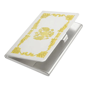 Visitenkartenetui Imperia 925 Silber mit Vergoldung — Mstera-Manufaktur, Empire-Bordüre mit Akanthus-Ornament und zentralem goldgraviertem Doppeladler-Wappen, hochglanzpoliert