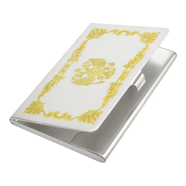 Visitenkartenetui Imperia 925 Silber mit Vergoldung — Mstera-Manufaktur, Empire-Bordüre mit Akanthus-Ornament und zentralem goldgraviertem Doppeladler-Wappen, hochglanzpoliert