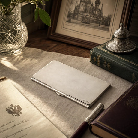 Visitenkartenetui Riflesso 925 Silber ArgentA — Lifestyle auf Vintage-Schreibtisch mit Tintenfass, alten Briefen, gestapelten Büchern und gerahmtem Stich, Bibliotheks-Atmosphäre
