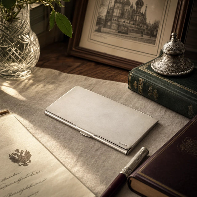 Visitenkartenetui Riflesso 925 Silber ArgentA — Lifestyle auf Vintage-Schreibtisch mit Tintenfass, alten Briefen, gestapelten Büchern und gerahmtem Stich, Bibliotheks-Atmosphäre