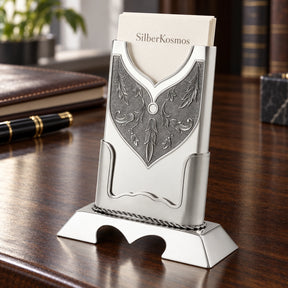 Visitenkartenhalter aus 925 Silber, Kartenetui mit Akanthus-Ornament im Kartenständer mit Visitenkarten auf dem Schreibtisch