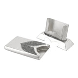 Visitenkartenhalter Mstera 925 Silber Tafel und Sockel separat — flache schildförmige Tafel mit floralen Akanthus-Verzierungen und integrierter Karten-Schale links, daneben rechts der trapezförmige Sockel mit geflochtenem Silberseil und Bogen-Ausschnitt vorne, beide Teile aus einem Guss aufeinander abgestimmt