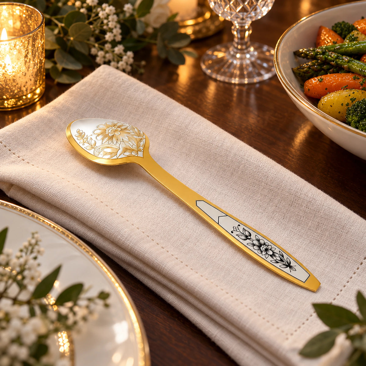 Vorlegelöffel 925 Silber vergoldet Astra Classic — Lifestyle-Setting an der gedeckten Tafel