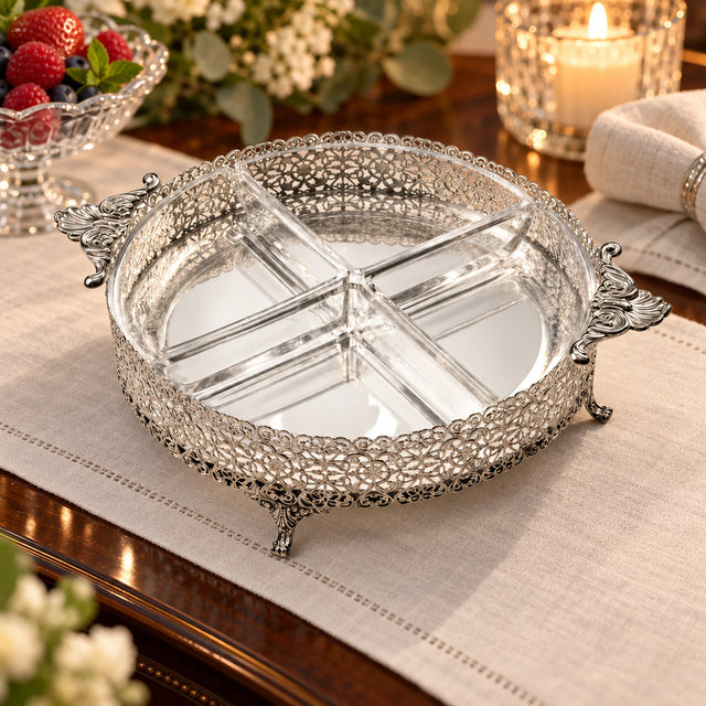 Vorspeisenschale 925 Silber mit Kristallglas — Lifestyle-Setting am Serviertisch