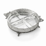 Vorspeisenschale 925 Silber mit Kristallglas — runde Filigran-Schale auf Füßen mit mehrfach unterteiltem Glaseinsatz, Tafel