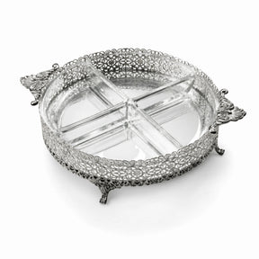 Vorspeisenschale 925 Silber mit Kristallglas — runde Filigran-Schale auf Füßen mit mehrfach unterteiltem Glaseinsatz, Tafel