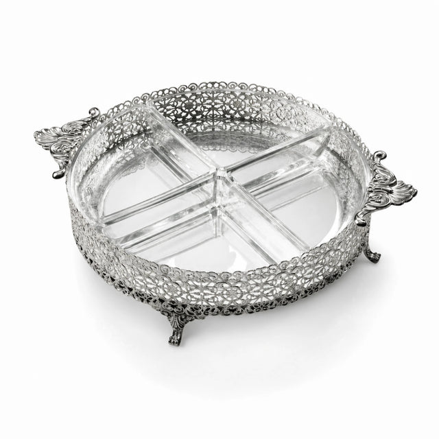 Vorspeisenschale 925 Silber mit Kristallglas — runde Filigran-Schale auf Füßen mit mehrfach unterteiltem Glaseinsatz, Tafel