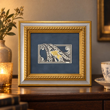 Wandbild Goldfisch 925 Silber vergoldet, 18 × 16 cm, auf einer dunklen Kommode neben einer Teetasse