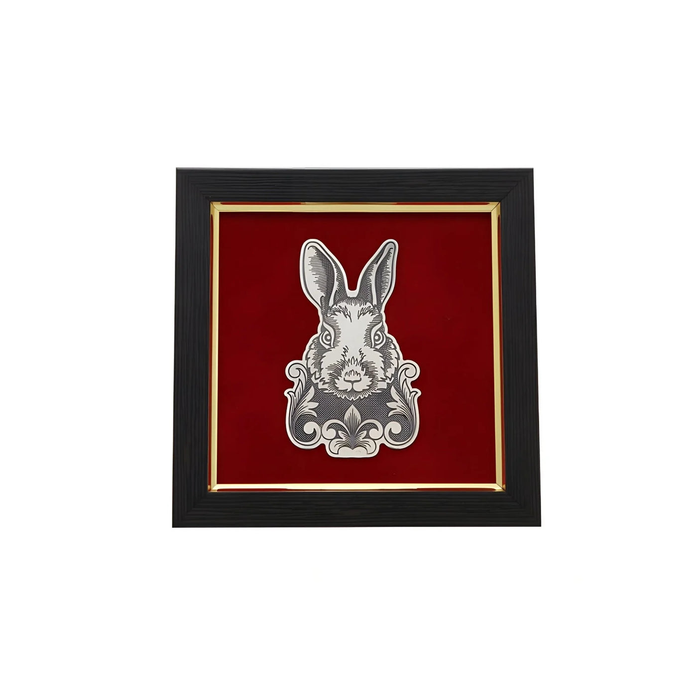 Wandbild 925 Silber Niello Hase — Silber-Reliefbild eines Hasenkopfs auf rotem Samt im schwarz-goldenen Rahmen