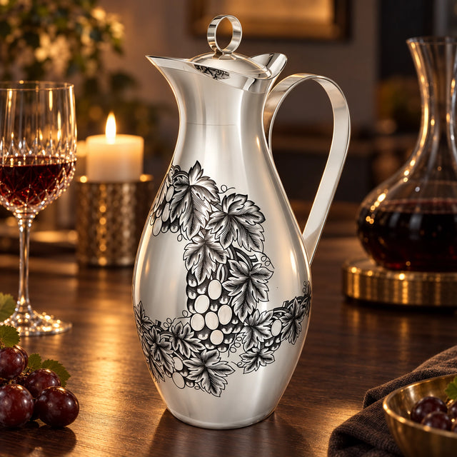 Wasserkaraffe 925 Silber Niello Bacchus 1550 ml — Lifestyle-Setting am Weintisch