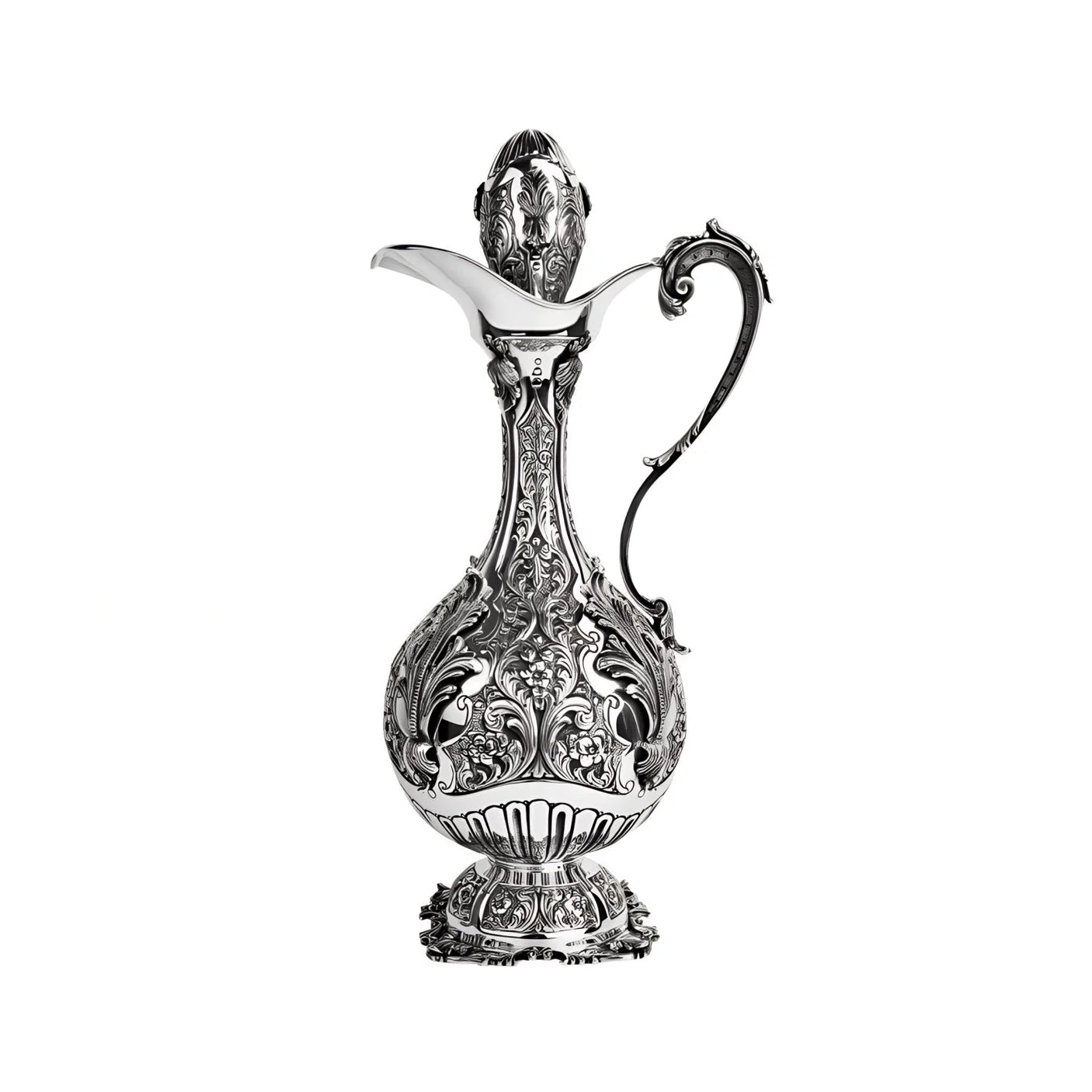 Weinkaraffe 925 Silber Zauberwald — gemeißelte Silberkaraffe mit floralem Relief und Henkel, Freisteller