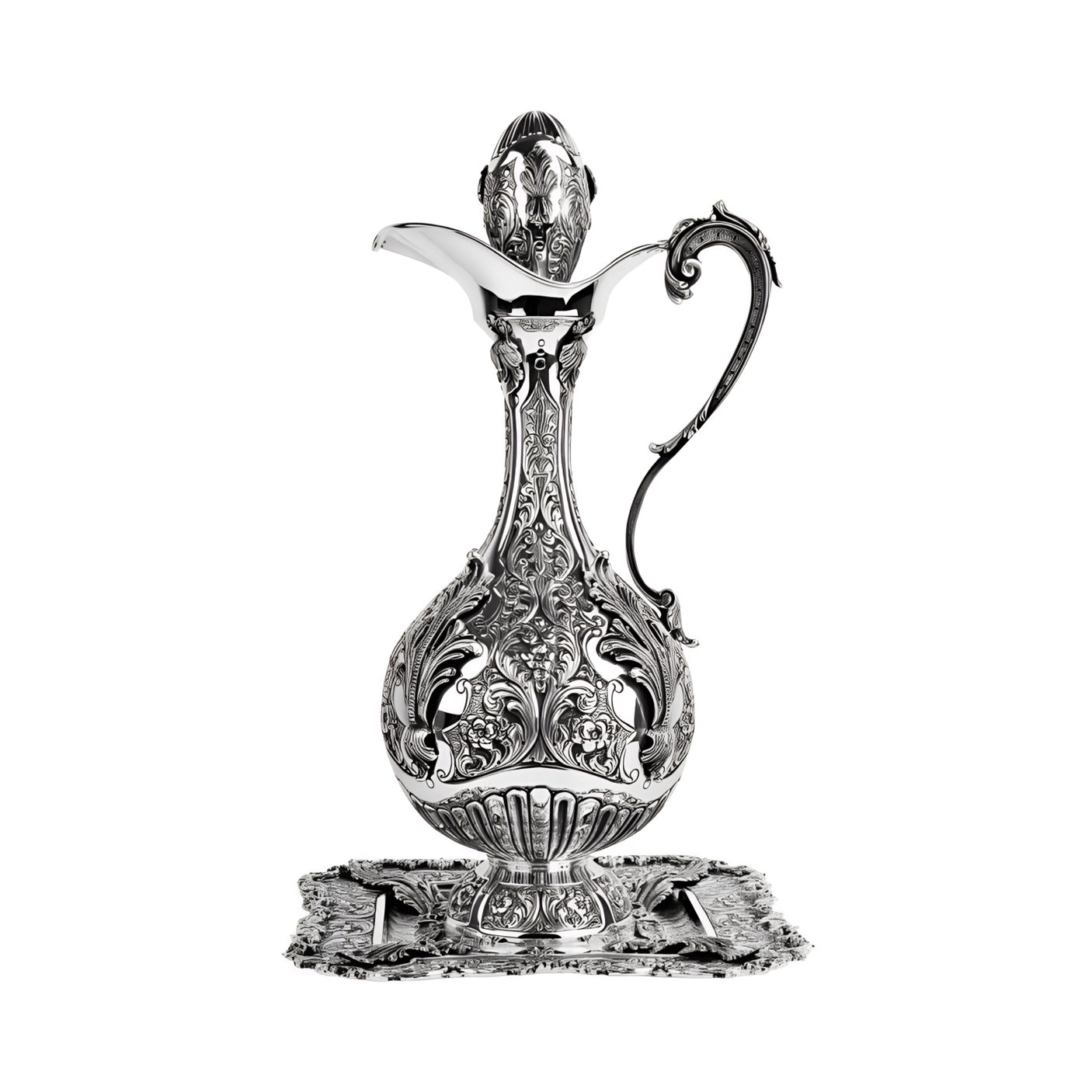 Wine carafe &amp; silver tray set 925 silver magic forest