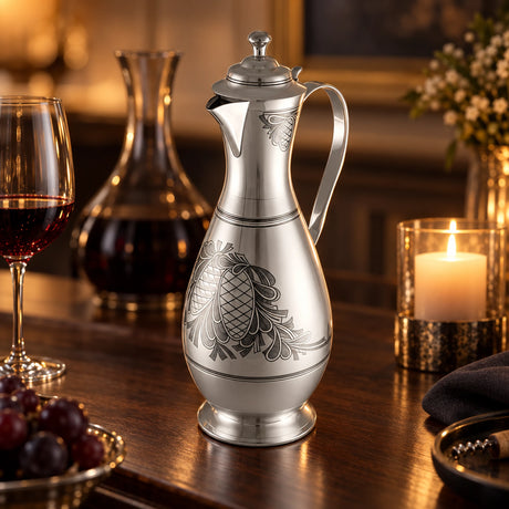Weinkaraffe 925 Silber Niello Tannenzapfen — Lifestyle-Setting am Weintisch