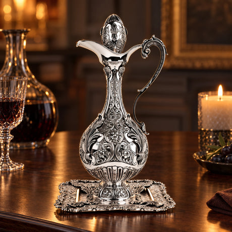 Weinkaraffe & Silbertablett Set 925 Silber Signature — Lifestyle-Setting am Weintisch