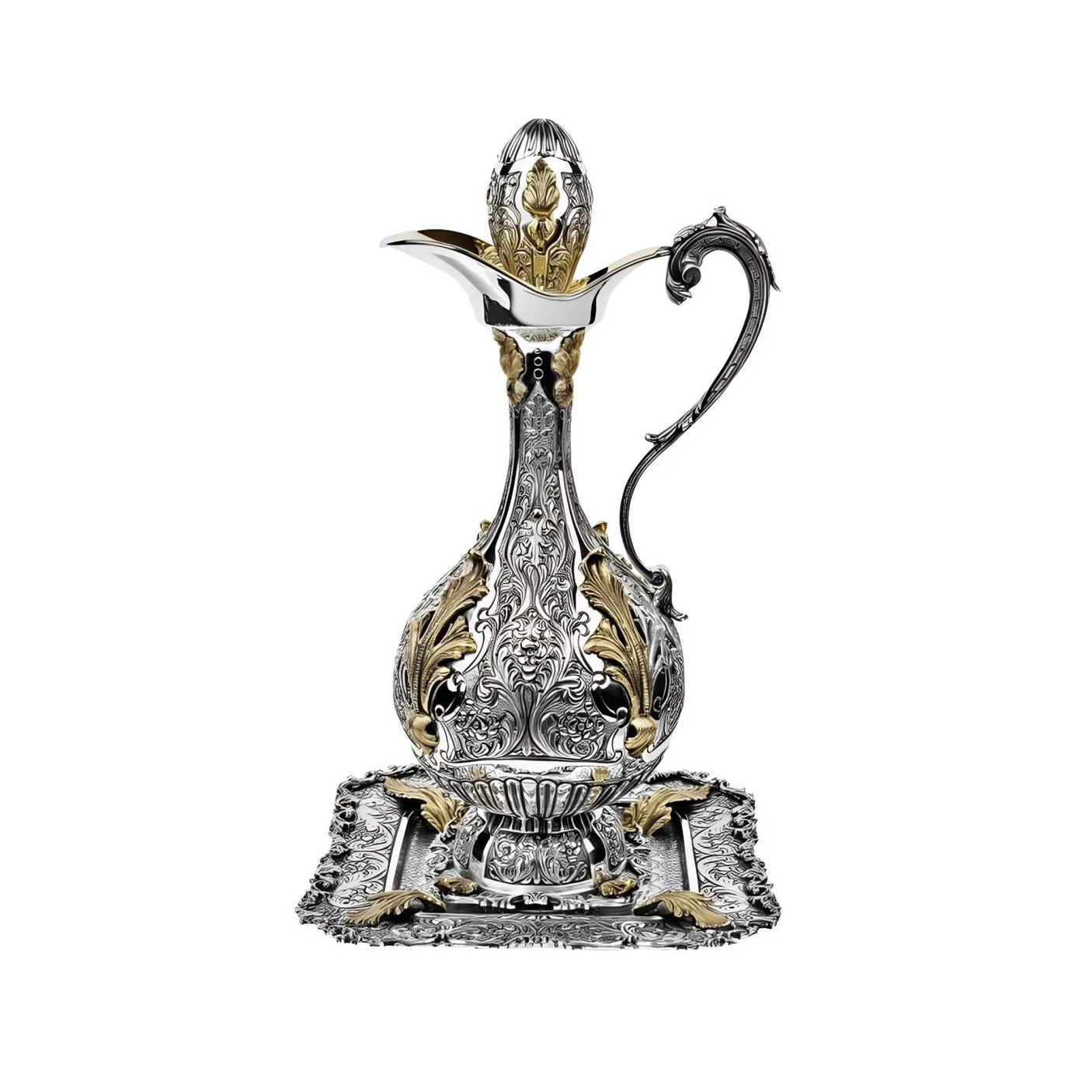 Weinkaraffe & Silbertablett 925 Silber teilvergoldet: italienisches Renaissance-Ornament, Signature-Set.