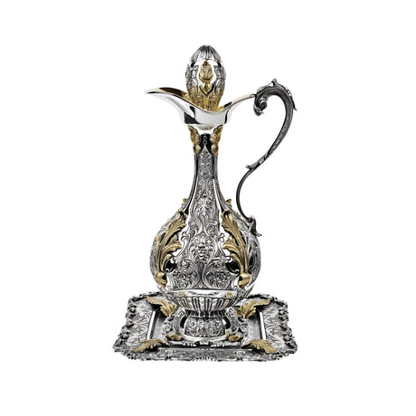 Weinkaraffe & Silbertablett 925 Silber teilvergoldet: italienisches Renaissance-Ornament, Signature-Set.