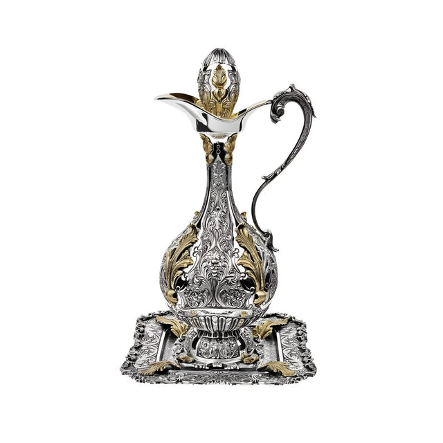 Weinkaraffe & Silbertablett 925 Silber teilvergoldet: italienisches Renaissance-Ornament, Signature-Set.