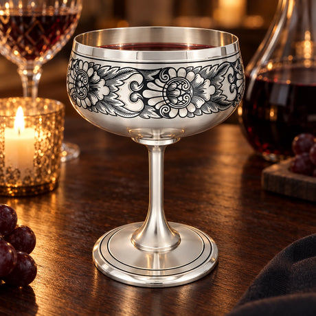 Weinpokal 925 Silber Niello Sonnenblume — Lifestyle-Setting am Weintisch