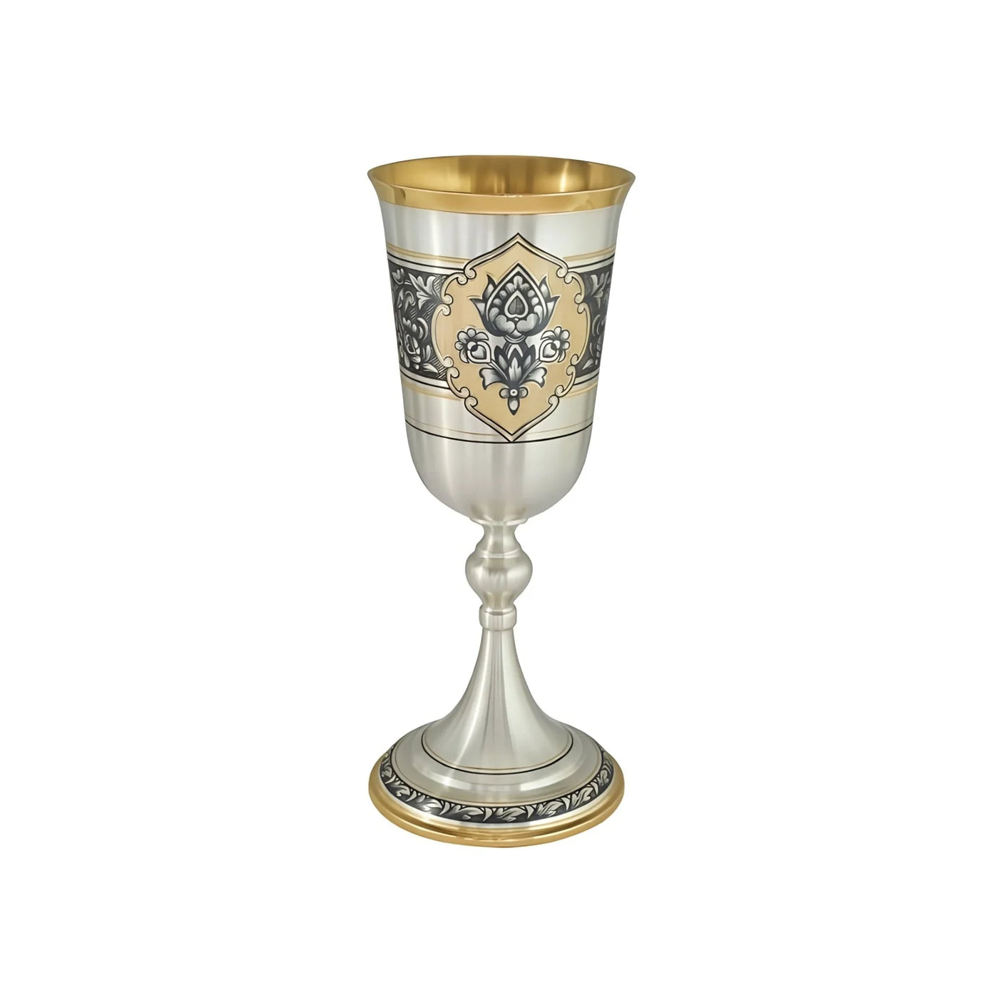 Weinpokal 925 Silber vergoldet Niello — Einzelteil mit goldenem Kelchinneren und floralem Niello-Goldband, Freisteller