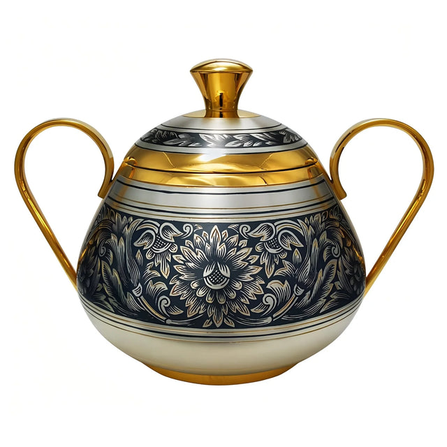 Zuckerdose 925 Silber vergoldet Niello — Deckeldose mit zwei goldenen Henkeln und floralem Niello-Blumenornament, Botanica