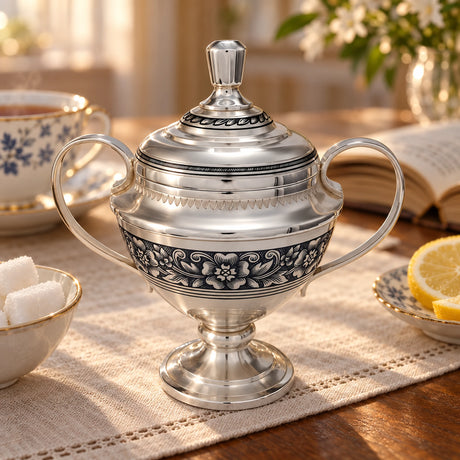 Zuckerdose 925 Silber Niello — Lifestyle-Setting am Teetisch