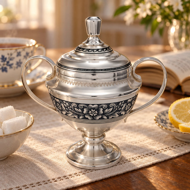 Zuckerdose 925 Silber Niello — Lifestyle-Setting am Teetisch
