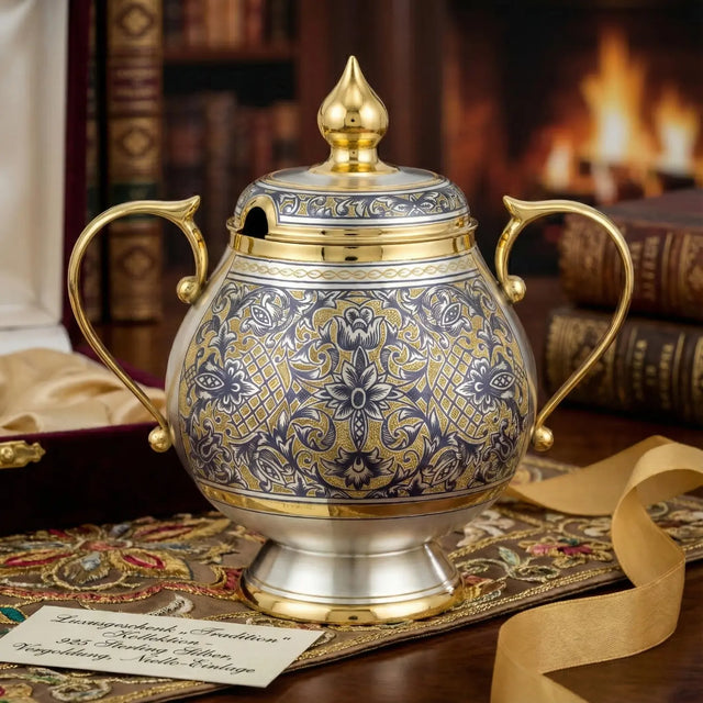 Zuckerdose 925 Silber vergoldet Tradition – Niello-Handgravur im edlen Interieur