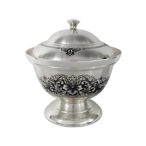 Silber Zuckerdose 925 Niello Peonia — Pokal mit Pfingstrosen-Motiv und Löffelöffnung im Deckel, SevChern, für Hochzeit & Jubiläum