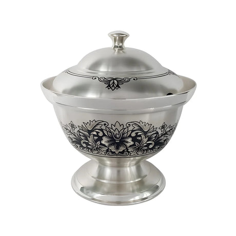 Silber Zuckerdose 925 Niello Peonia — Pokal mit Pfingstrosen-Motiv und Löffelöffnung im Deckel, SevChern, für Hochzeit & Jubiläum