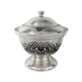 Silber Zuckerdose 925 Niello Peonia — Pokal mit Pfingstrosen-Motiv und Löffelöffnung im Deckel, SevChern, für Hochzeit & Jubiläum